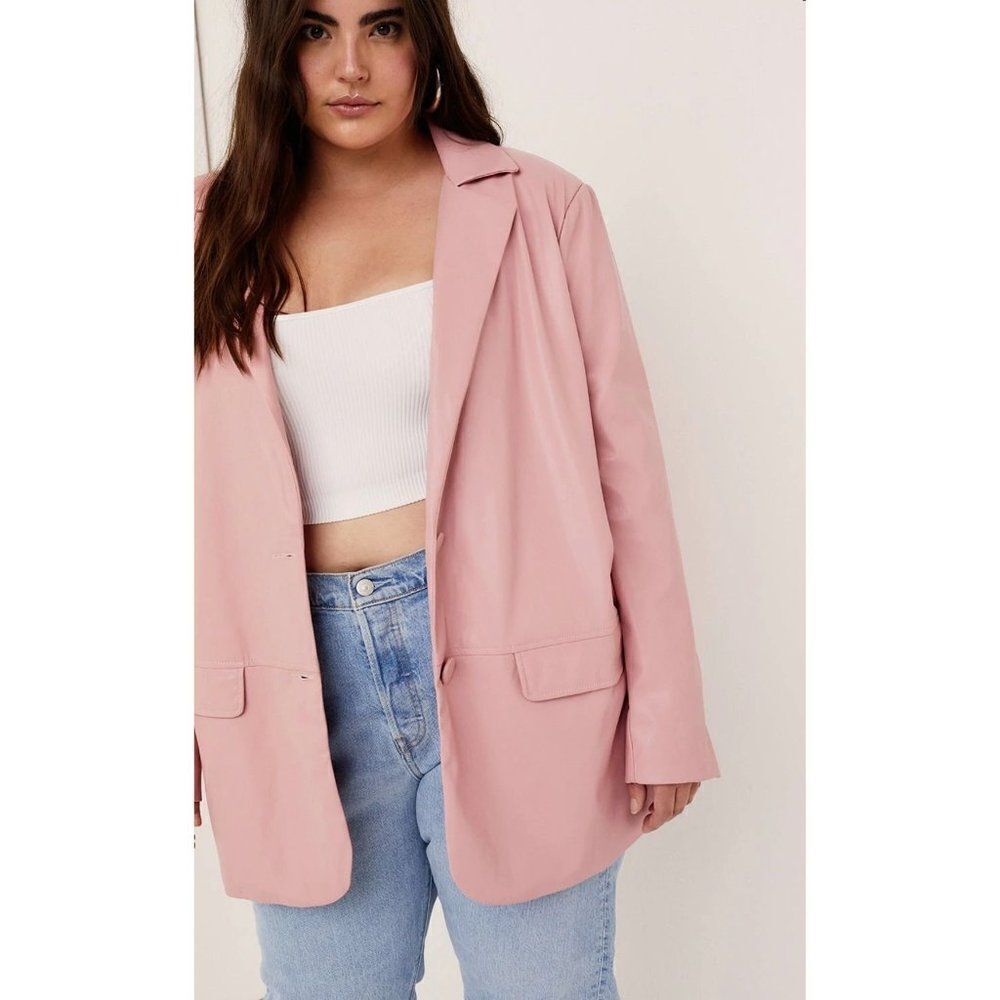 For Love and Lemons Talia Pink Faux Leather Boyfriend Blazer Career Sz L NEW